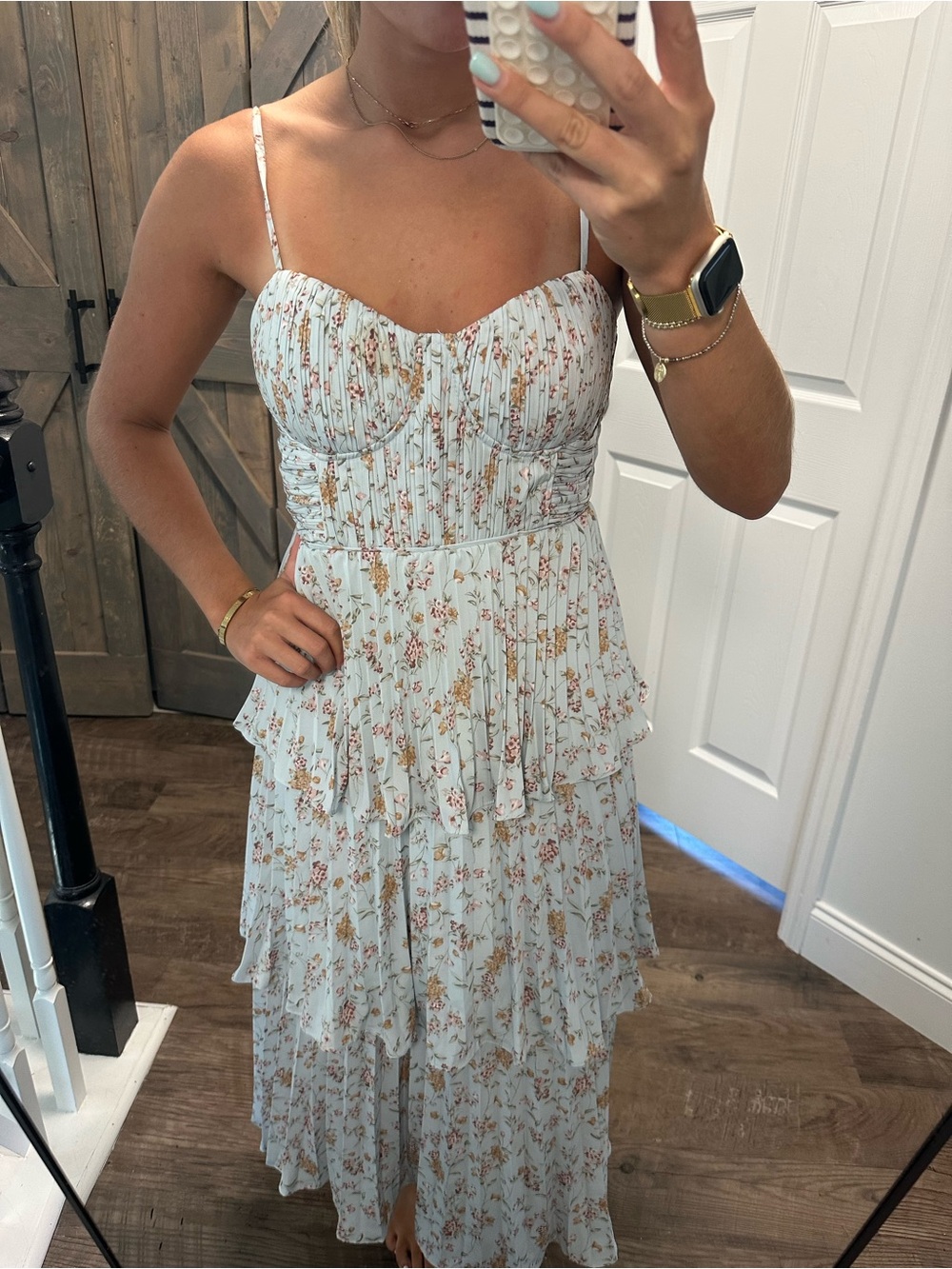 Floral Tiered Spaghetti-Strap Maxi Dress - Light Blue BRAND NEW